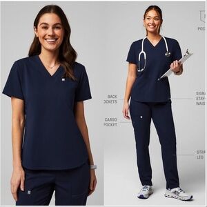 Women's Navy Fabletics Scrubs Set Vital Pocket Top and Ion Straight Leg Pant